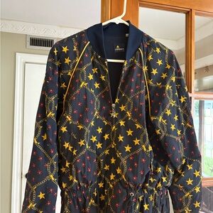 Liz Claiborne navy blue Bomber Jacket with Gold and Red Pattern
